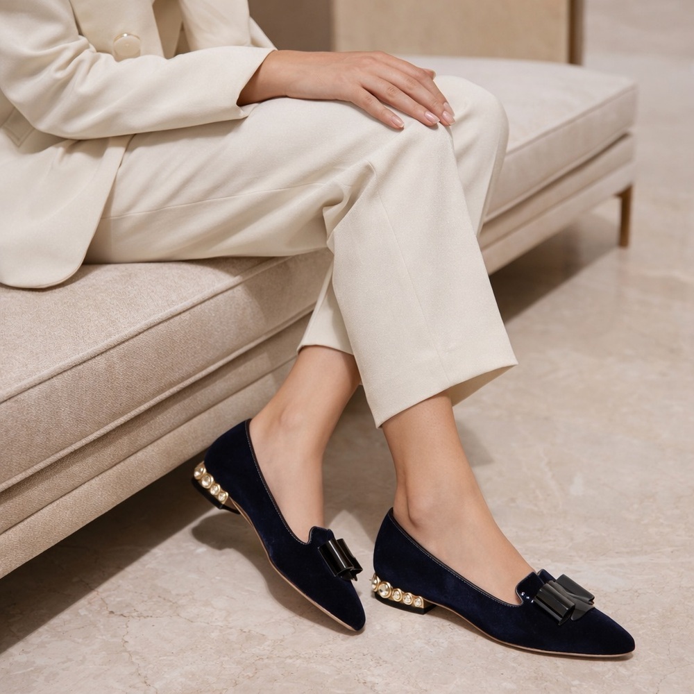 Miu Miu Jewel Heel Velvet Flats Patent Bow Midnight Navy (Almost Black) EU 37.5